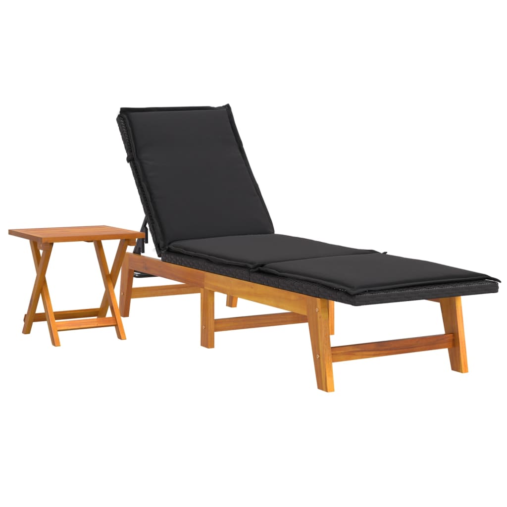 3-Delige Loungeset Poly Rattan En Massief Acaciahout 1 Ja 2x sun lounger +table