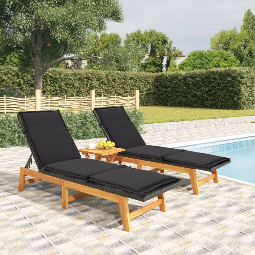 3-Delige Loungeset Poly Rattan En Massief Acaciahout 1 Ja 2x sun lounger +table