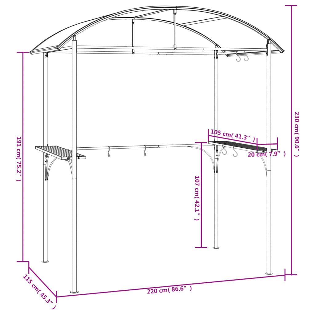 Barbecuepaviljoen met zijplanken 220x115x230 cm staal antraciet