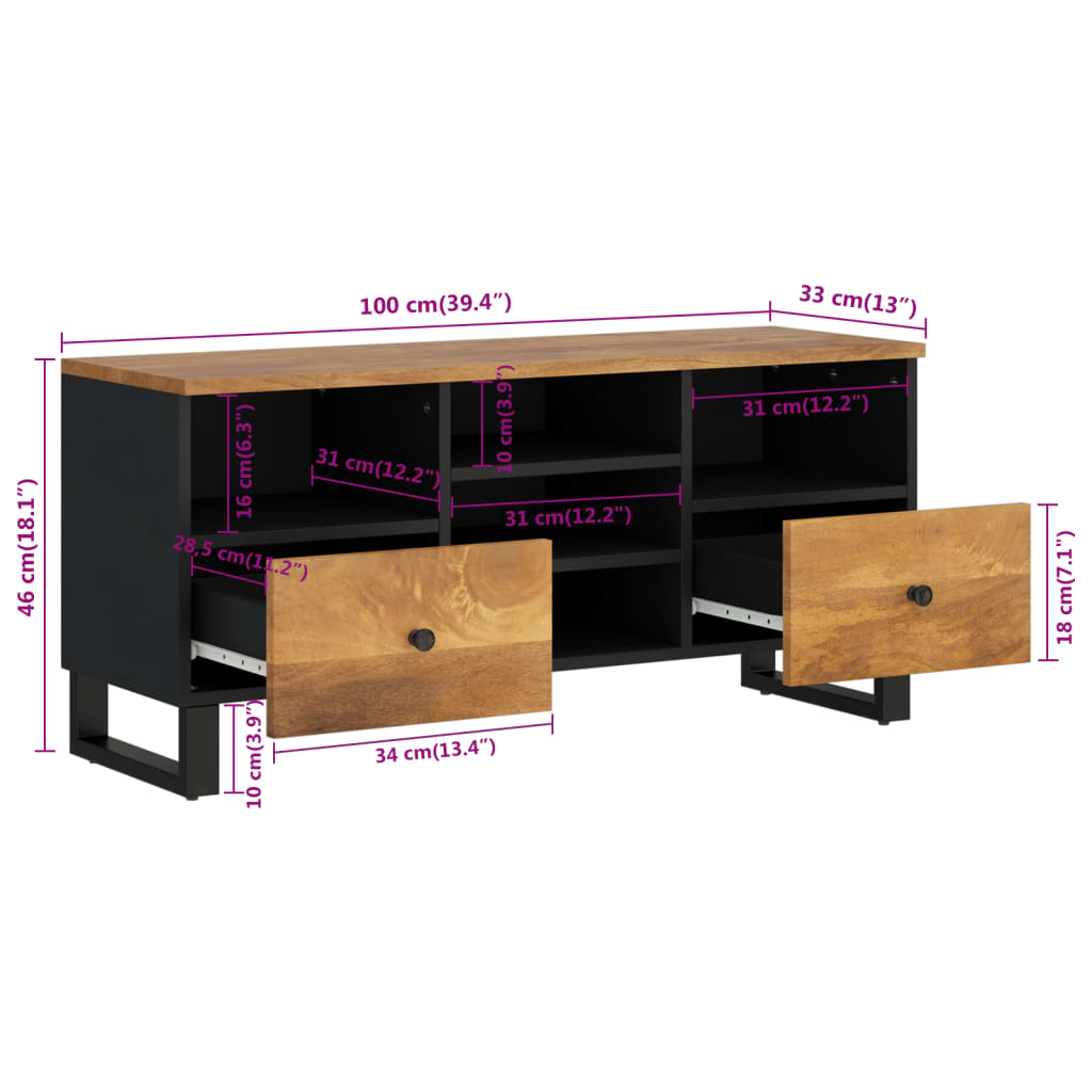 Tv-Meubel 100X33X46 Cm Massief Mangohout En Bewerkt Hout Honingbruin