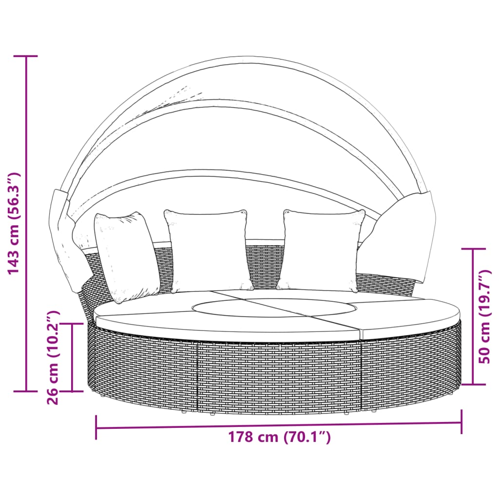 Loungebed met luifel en kussens poly rattan bruin