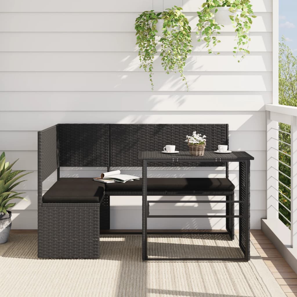 Tuinbank met tafel en kussens L-vormig poly rattan zwart