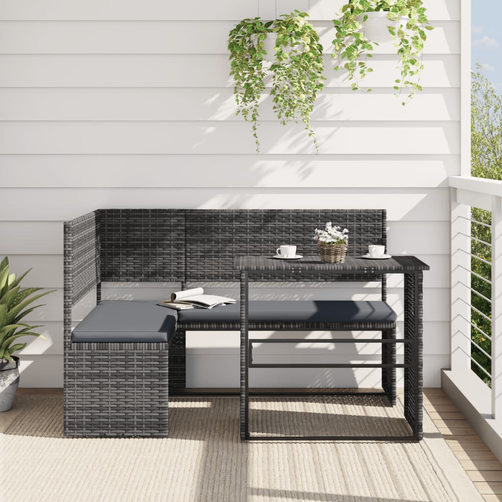 Tuinbank met tafel en kussens L-vormig poly rattan grijs