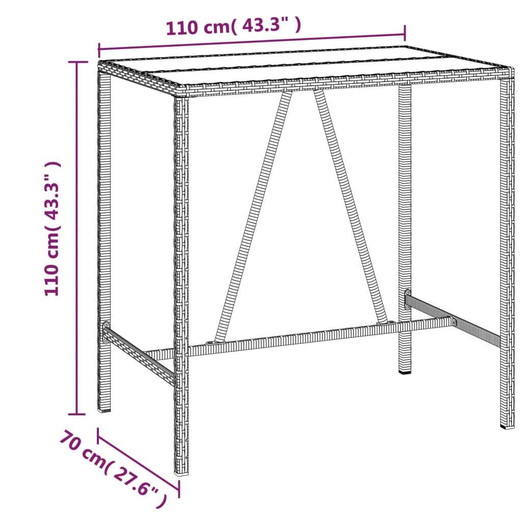 Bartafel Met Glazen Blad Poly Rattan 110 x 70 x 110 cm Bruin