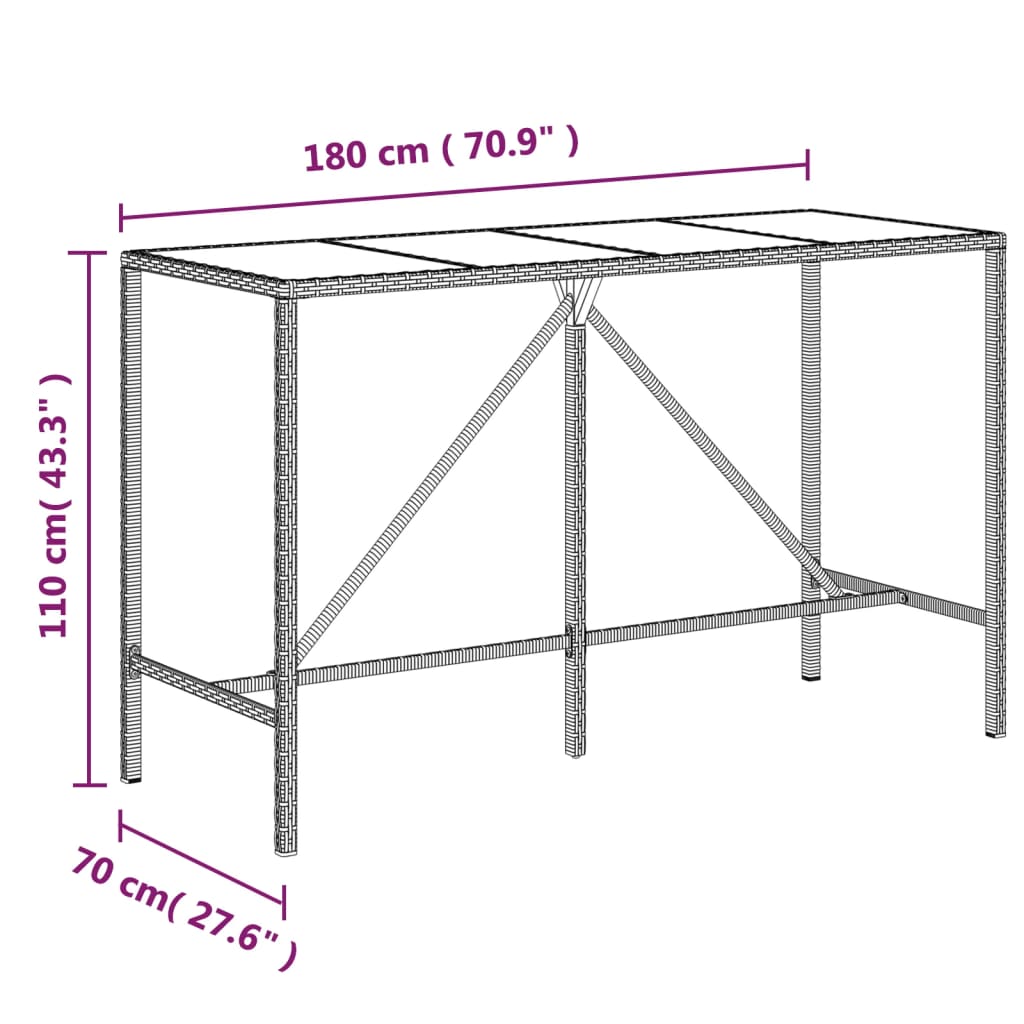 Bartafel Met Glazen Blad Poly Rattan 180 x 70 x 110 cm Bruin