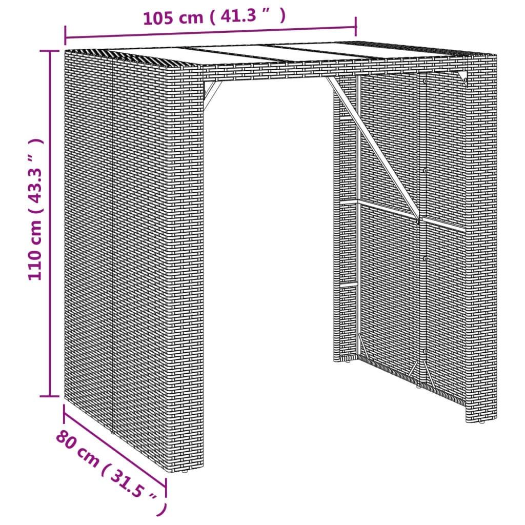 Bartafel Met Glazen Blad Poly Rattan 105 x 80 x 110 cm Zwart