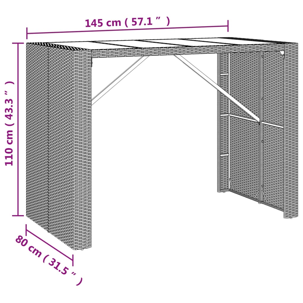 Bartafel Met Glazen Blad Poly Rattan 145 x 80 x 110 cm Grijs