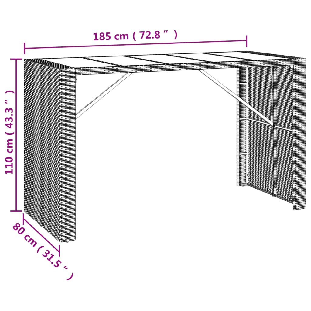 Bartafel Met Glazen Blad Poly Rattan 185 x 80 x 110 cm Bruin