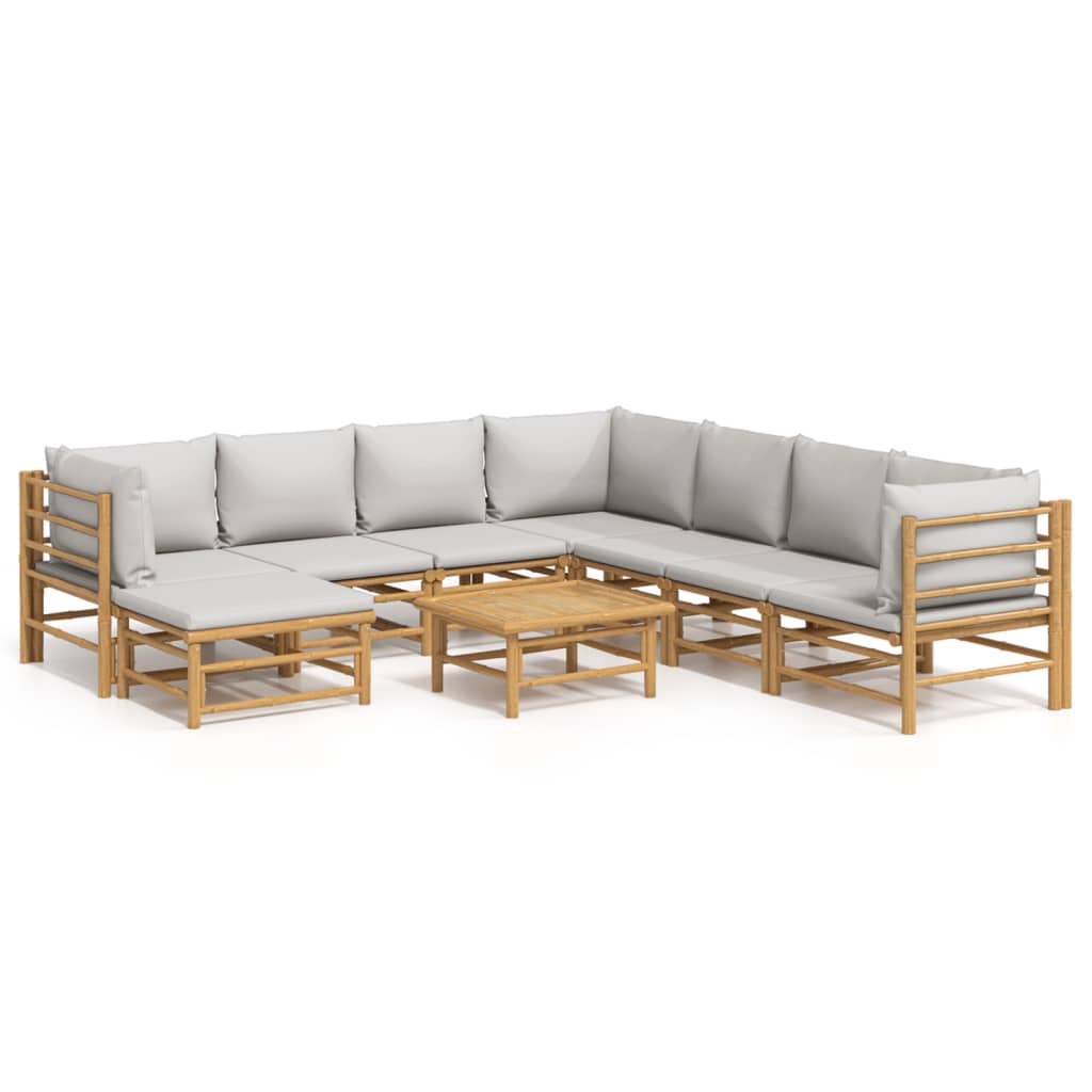 9-Delige Loungeset Met Kussens Bamboe Lichtgrijs 1 3x hoek + 4x midden + voetensteun + Tafel