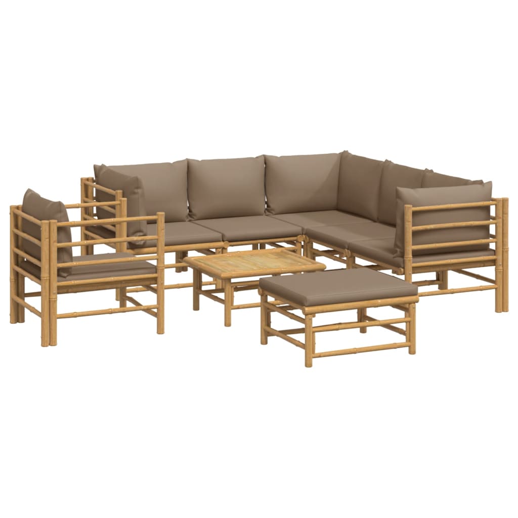 8-Delige Loungeset Met Kussens Bamboe Taupe 1 3x corner + 2x middle + chair + footrest + table