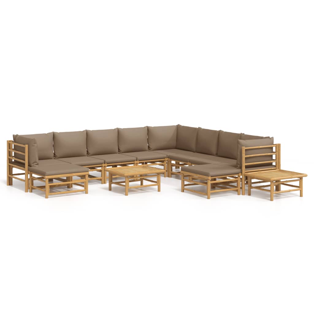 12-Delige Loungeset Met Kussens Bamboe Taupe 3x hoek + 5x midden + 2x voetensteun + 2x Tafel