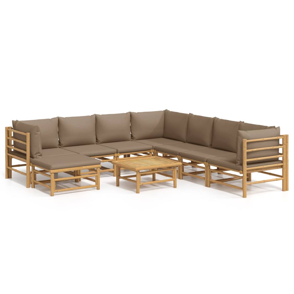 9-Delige Loungeset Met Kussens Bamboe Taupe 1 3x hoek + 4x midden + voetensteun + Tafel