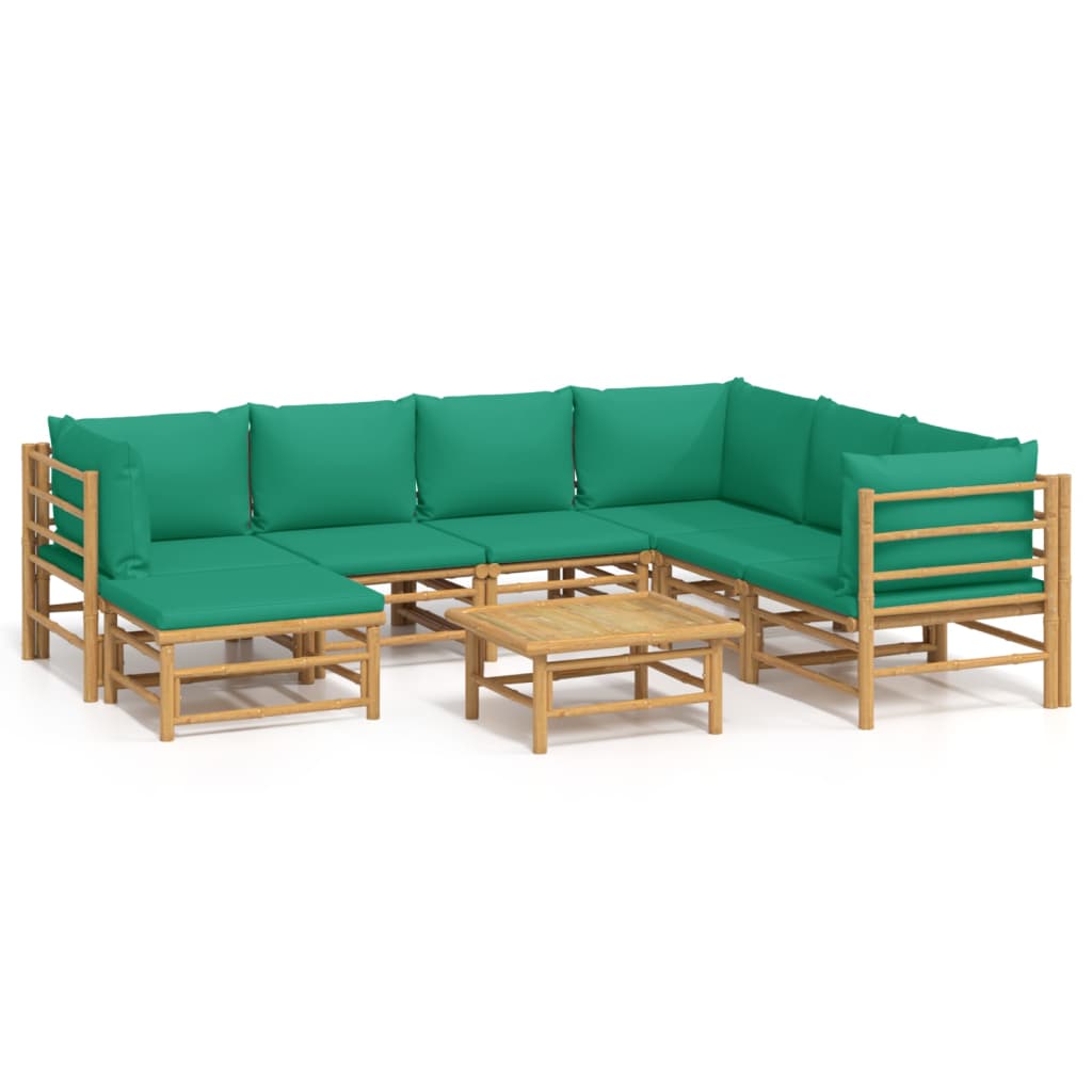 8-Delige Loungeset Met Kussens Bamboe Groen 1 3x hoek + 3x midden + voetensteun + Tafel