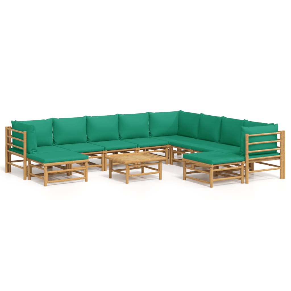 11-Delige Loungeset Met Kussens Bamboe Groen 3x hoek + 5x midden + 2x voetensteun + Tafel