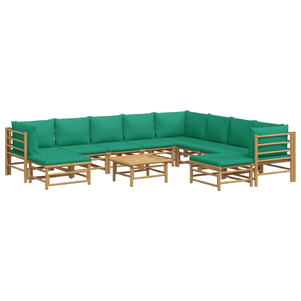 11-Delige Loungeset Met Kussens Bamboe Groen 3x hoek + 5x midden + 2x voetensteun + Tafel