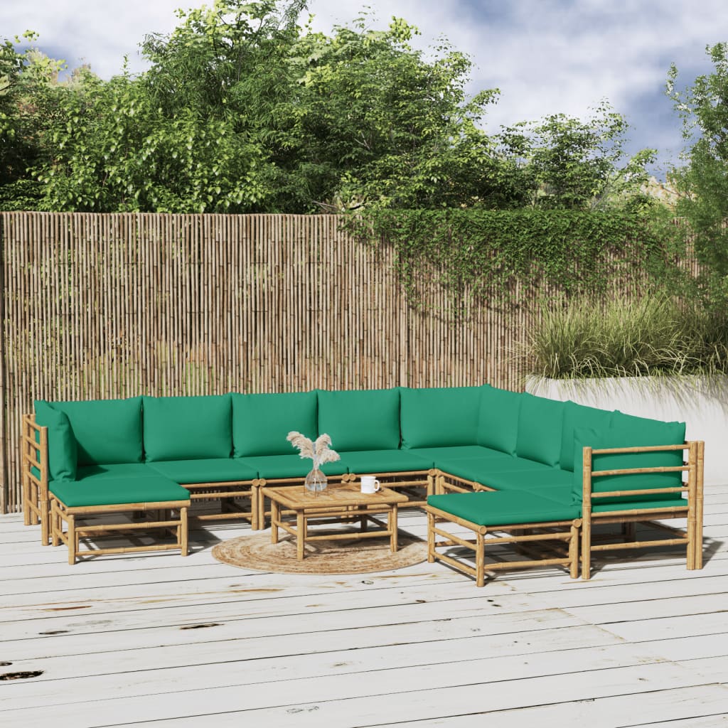 11-Delige Loungeset Met Kussens Bamboe Groen 3x hoek + 5x midden + 2x voetensteun + Tafel