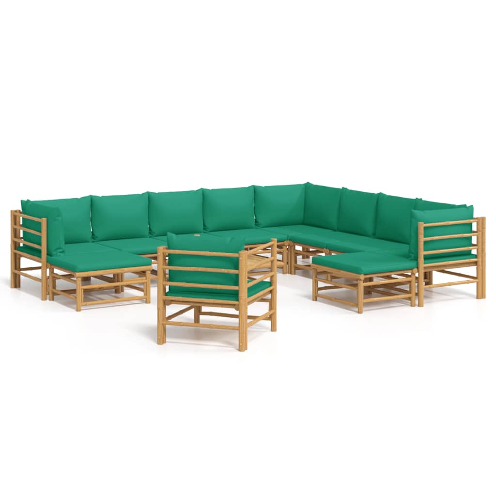 12-Delige Loungeset Met Kussens Bamboe Groen 3x corner + 5x middle + 2x footrest + chair + table