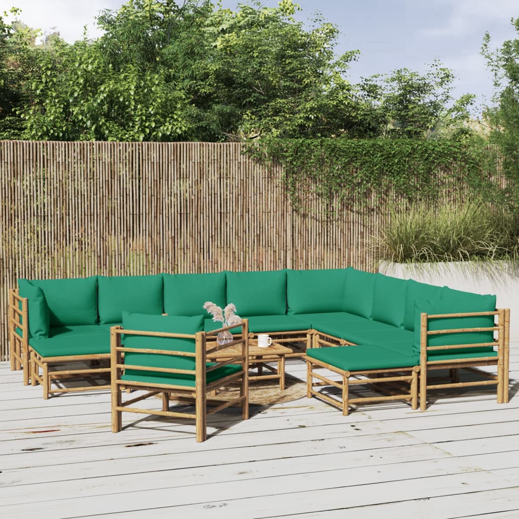 12-Delige Loungeset Met Kussens Bamboe Groen 3x corner + 5x middle + 2x footrest + chair + table