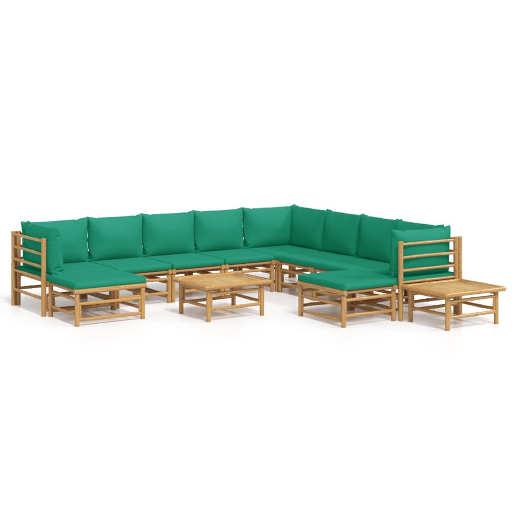 12-Delige Loungeset Met Kussens Bamboe Groen 3x hoek + 5x midden + 2x voetensteun + 2x Tafel