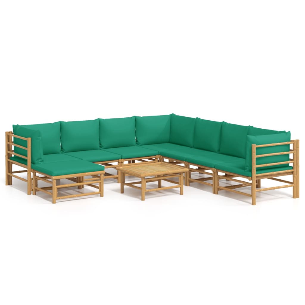 9-Delige Loungeset Met Kussens Bamboe Groen 1 3x hoek + 4x midden + voetensteun + Tafel