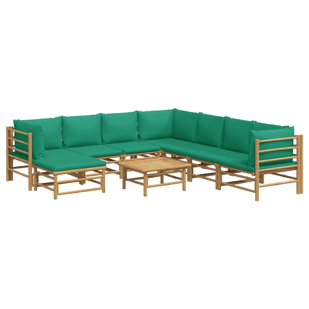 9-Delige Loungeset Met Kussens Bamboe Groen 1 3x hoek + 4x midden + voetensteun + Tafel