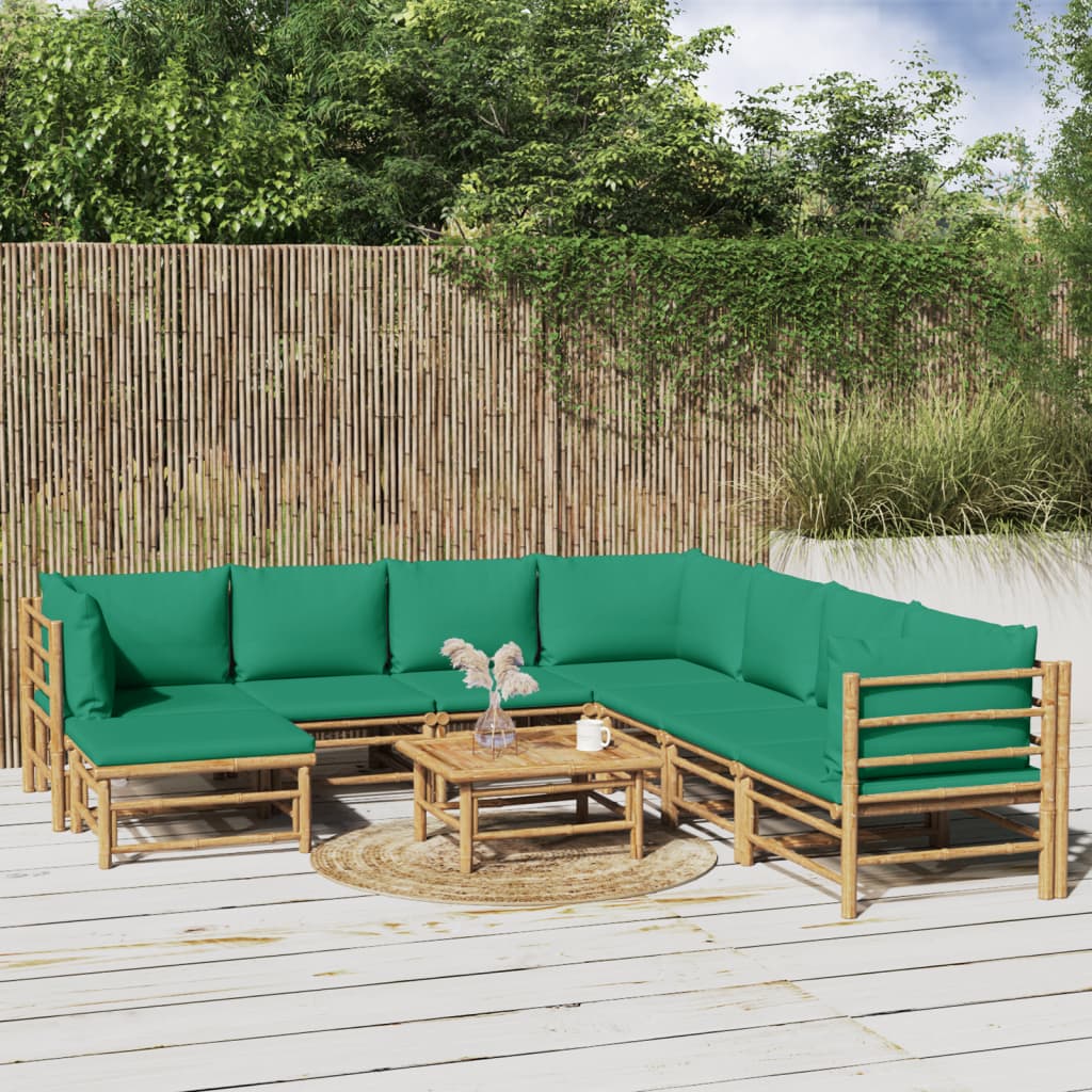 9-Delige Loungeset Met Kussens Bamboe Groen 1 3x hoek + 4x midden + voetensteun + Tafel