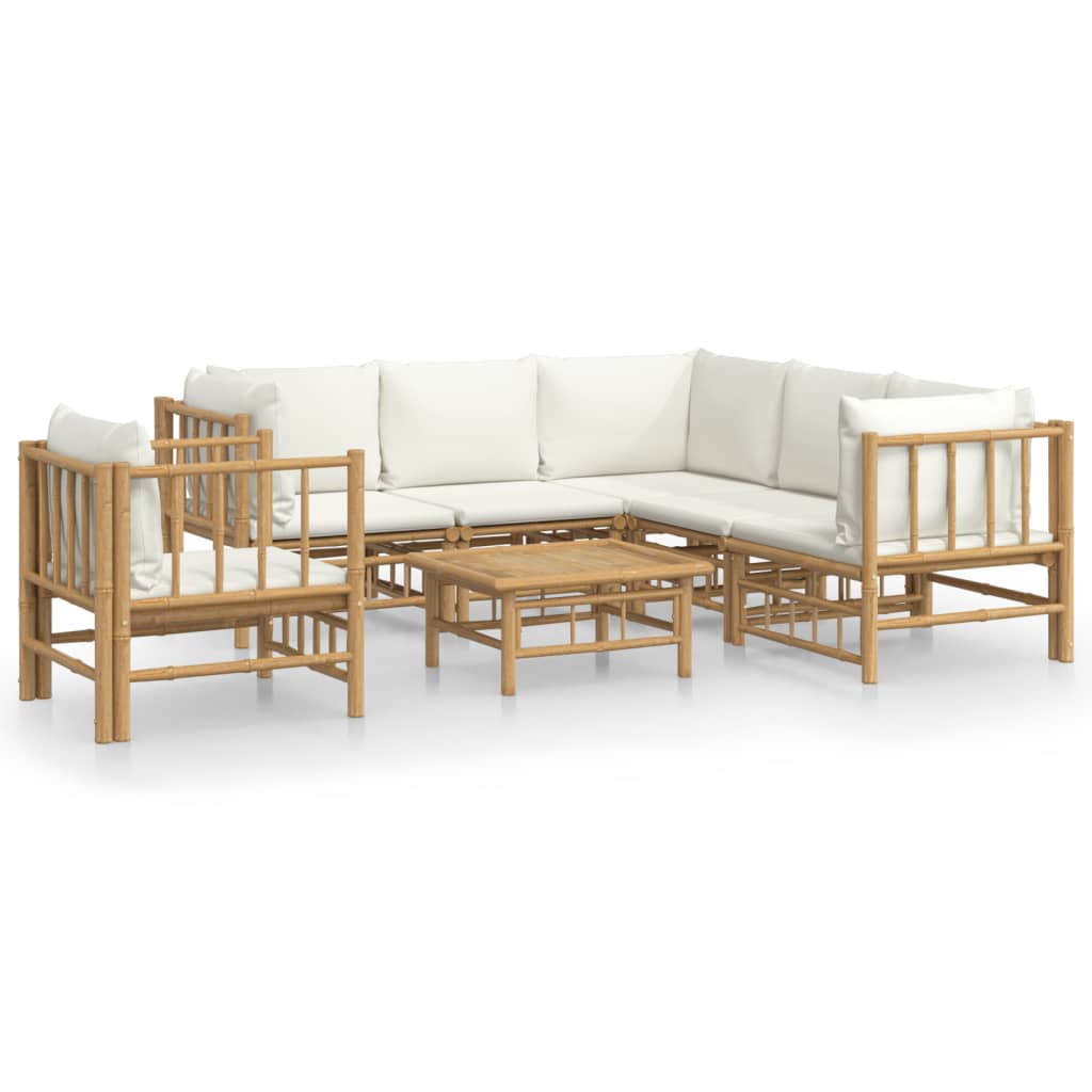 7-Delige Loungeset Met Kussens Bamboe Crèmewit 1 3x corner + 2x middle + chair + table