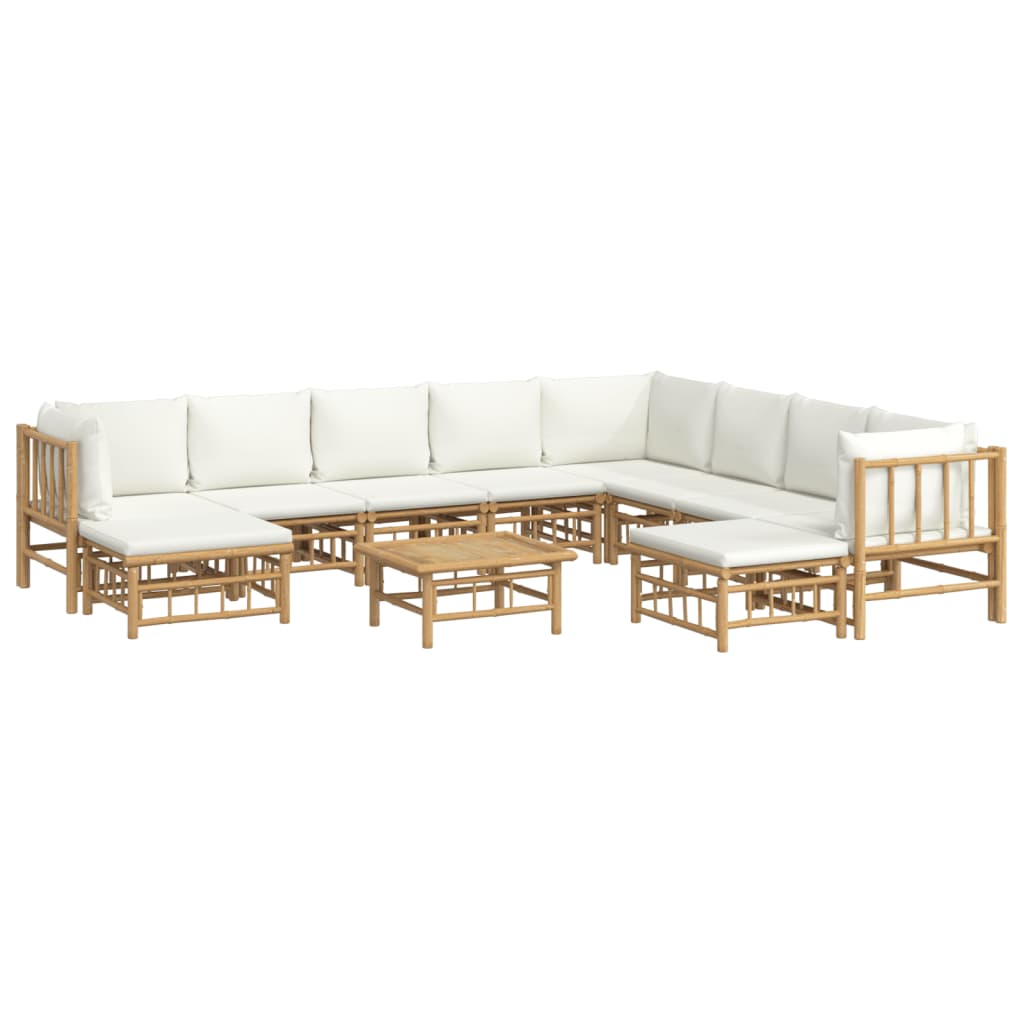 11-Delige Loungeset Met Kussens Bamboe Crèmewit 3x hoek + 5x midden + 2x voetensteun + Tafel