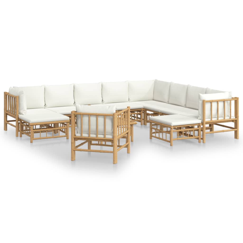 12-Delige Loungeset Met Kussens Bamboe Crèmewit 3x corner + 5x middle + 2x footrest + chair + table