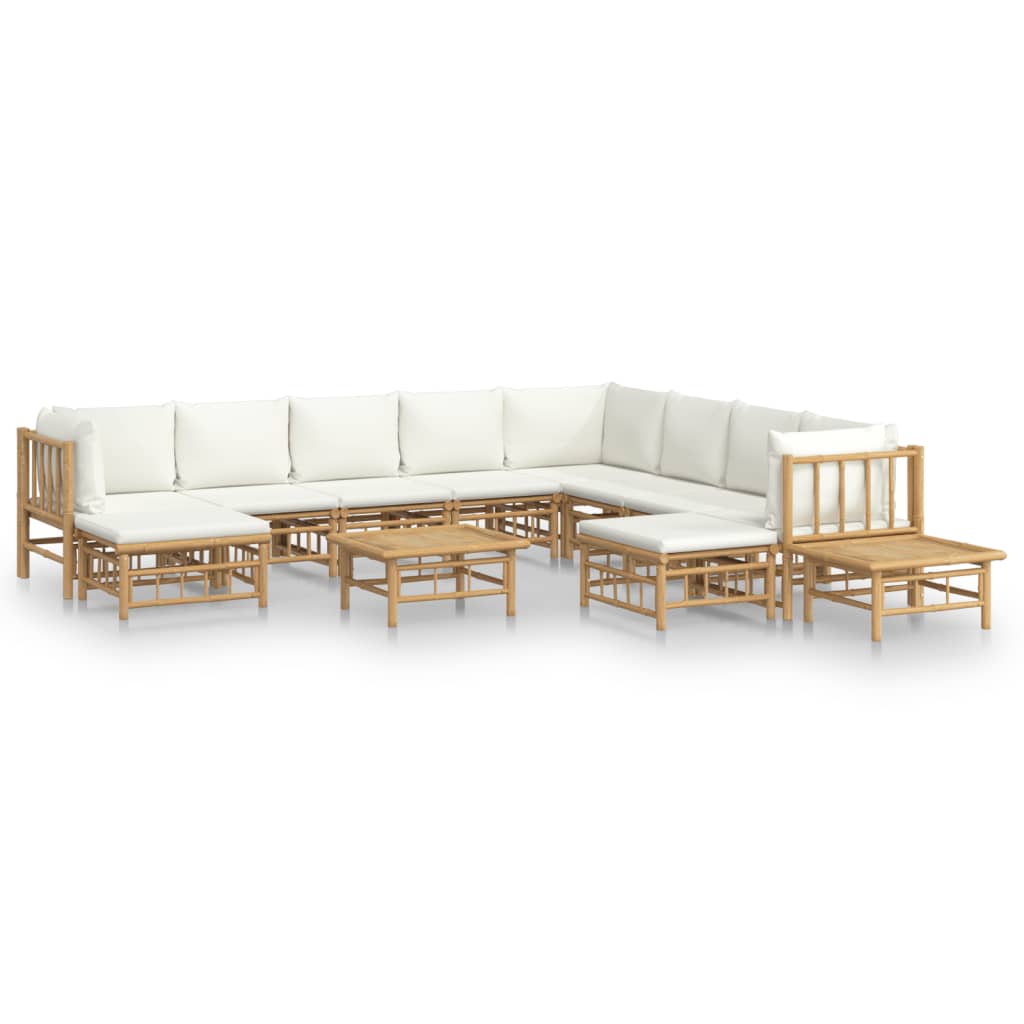 12-Delige Loungeset Met Kussens Bamboe Crèmewit 3x hoek + 5x midden + 2x voetensteun + 2x Tafel