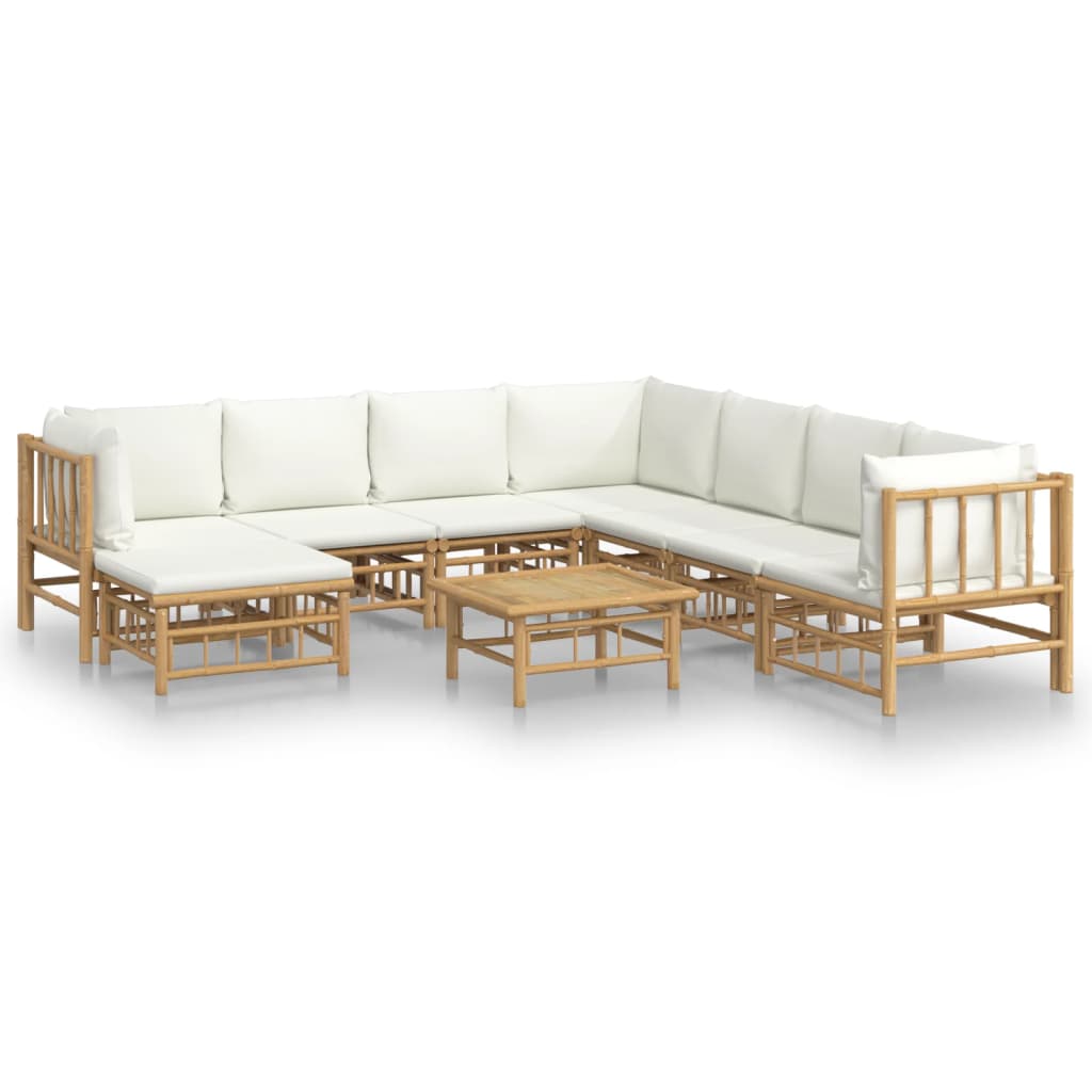 9-Delige Loungeset Met Kussens Bamboe Crèmewit 1 3x hoek + 4x midden + voetensteun + Tafel