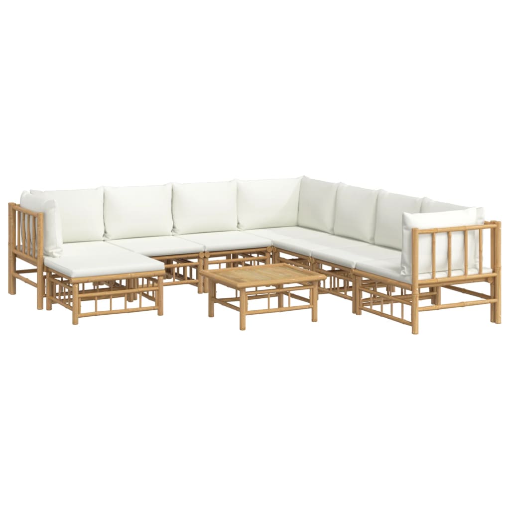 9-Delige Loungeset Met Kussens Bamboe Crèmewit 1 3x hoek + 4x midden + voetensteun + Tafel