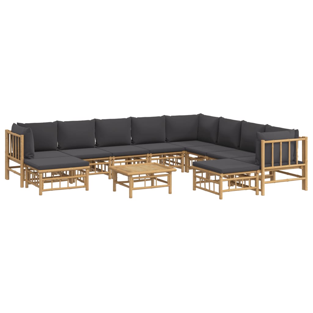 11-Delige Loungeset Met Kussens Bamboe Donkergrijs 3x hoek + 5x midden + 2x voetensteun + Tafel