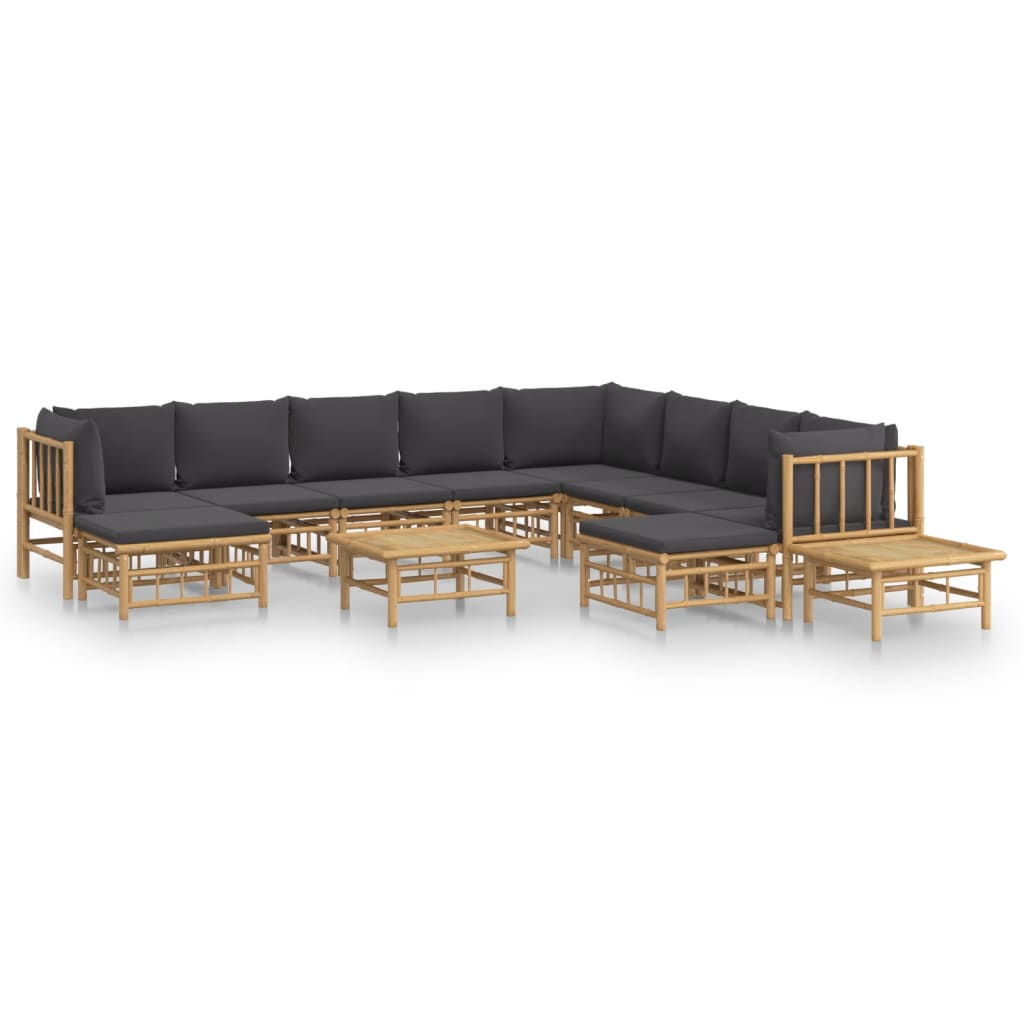 12-Delige Loungeset Met Kussens Bamboe Donkergrijs 3x hoek + 5x midden + 2x voetensteun + 2x Tafel