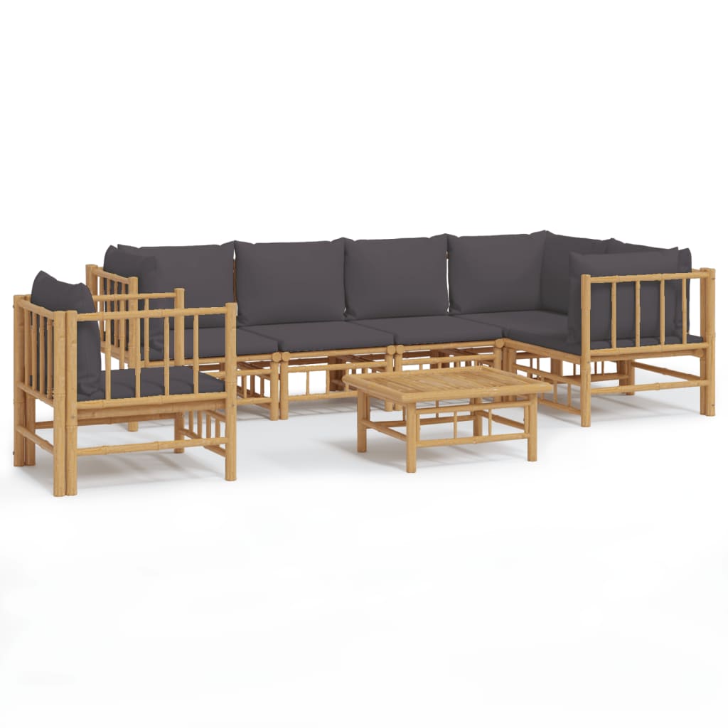 7-Delige Loungeset Met Kussens Bamboe Donkergrijs 1 3x corner + 2x middle + table + chair