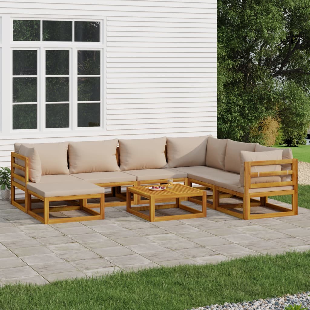 8-Delige Loungeset Met Kussens Massief Hout Taupe 1 3x hoek + 3x midden + voetensteun + Tafel