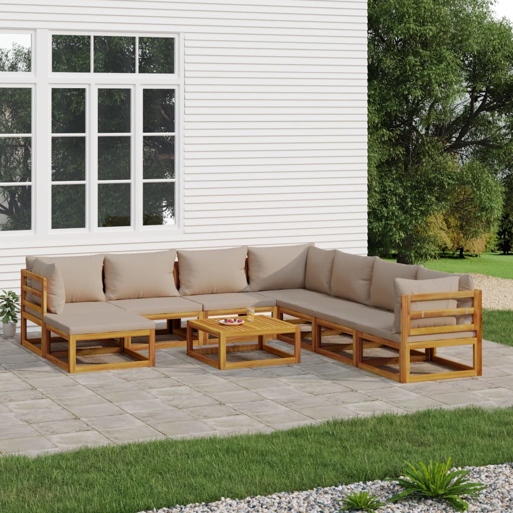 9-Delige Loungeset Met Kussens Massief Hout Taupe 1 3x hoek + 4x midden + voetensteun + Tafel