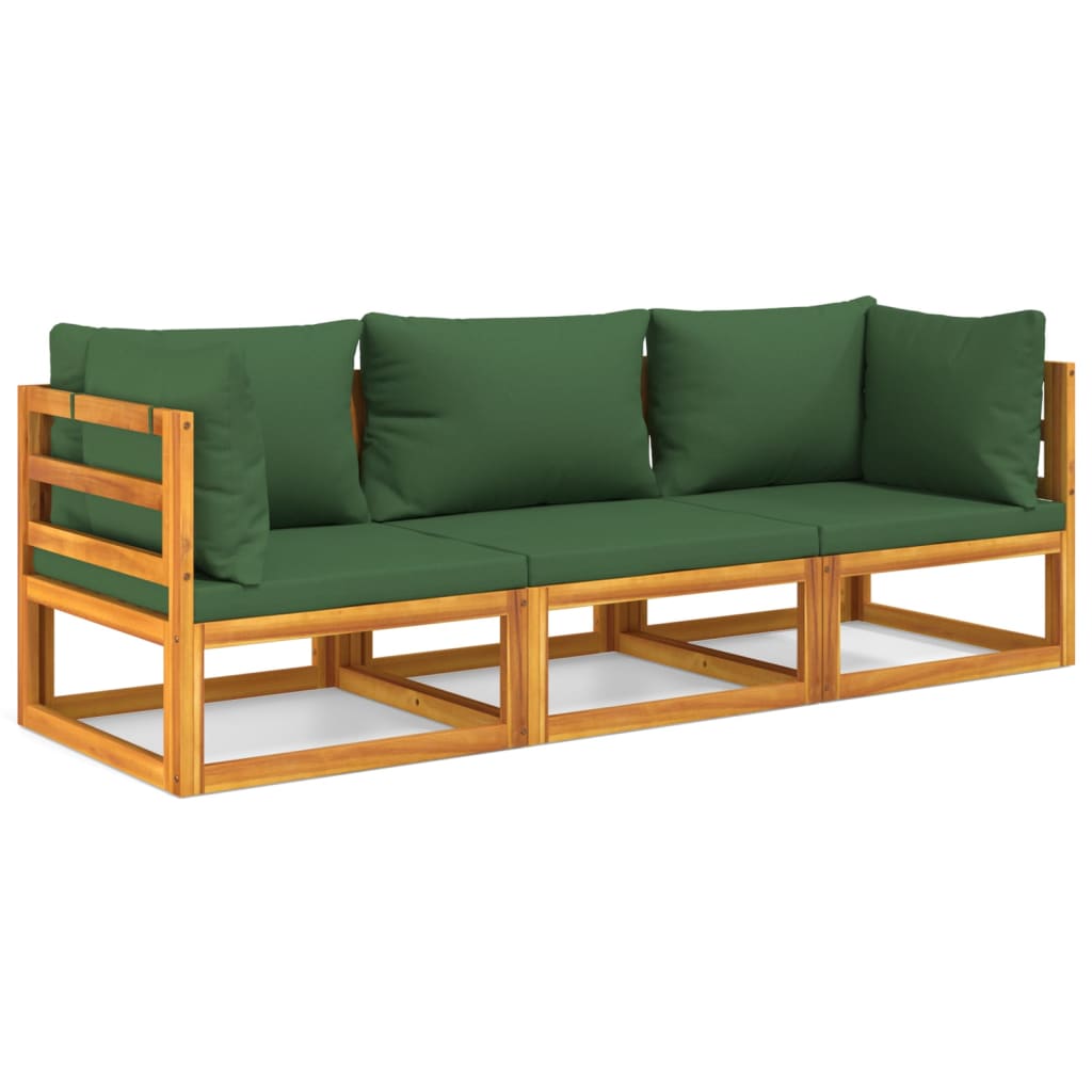 3-Delige Loungeset Met Groene Kussens Massief Hout 1 2x hoek + midden