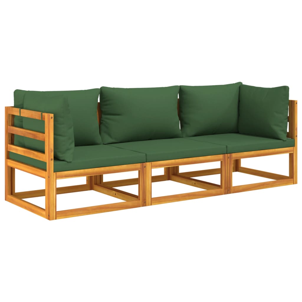 3-Delige Loungeset Met Groene Kussens Massief Hout 1 2x hoek + midden