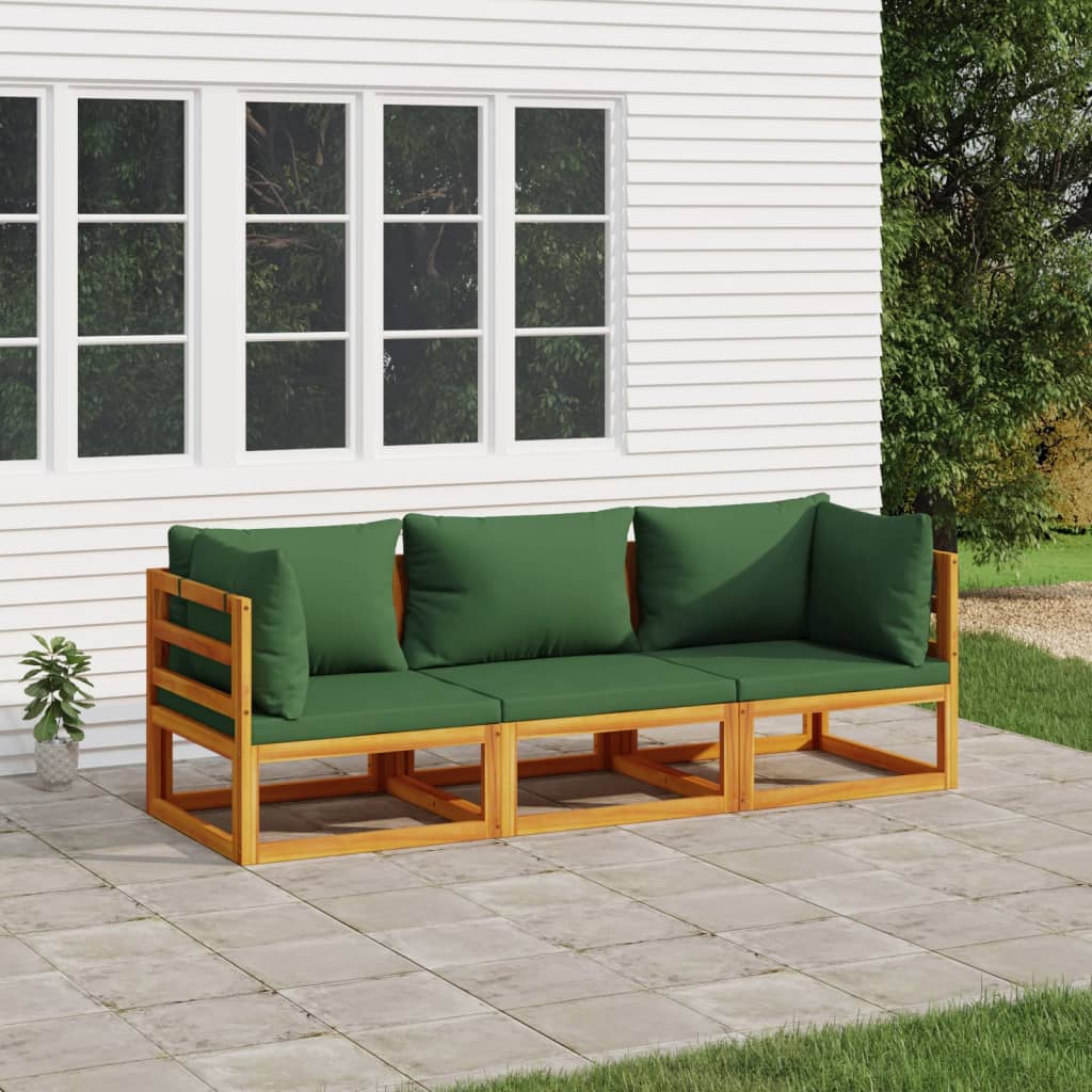 3-Delige Loungeset Met Groene Kussens Massief Hout 1 2x hoek + midden