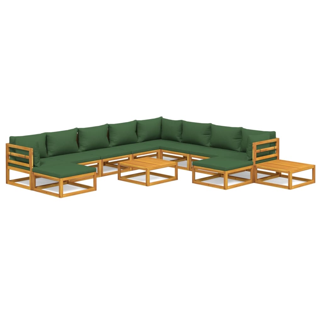 12-Delige Loungeset Met Groene Kussens Massief Hout 3x hoek + 5x midden + 2x voetensteun + 2x Tafel