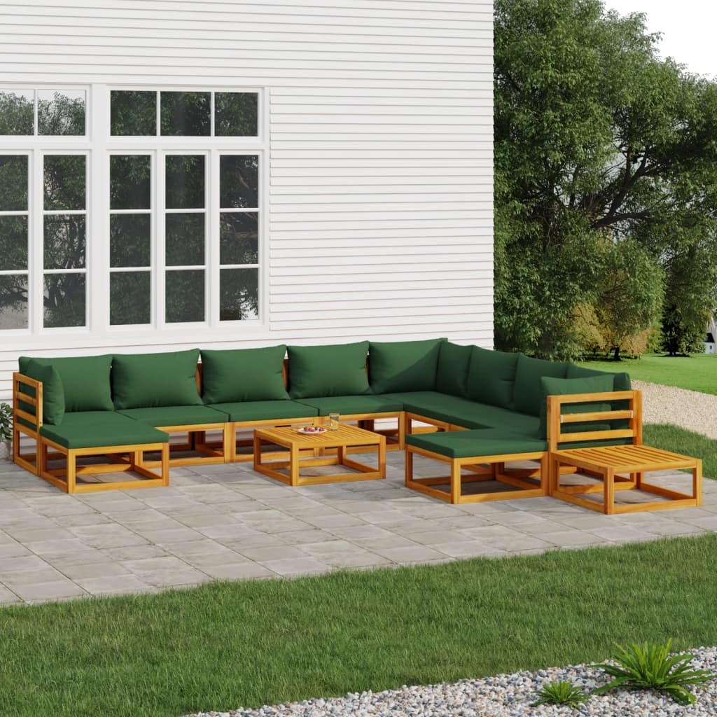 12-Delige Loungeset Met Groene Kussens Massief Hout 3x hoek + 5x midden + 2x voetensteun + 2x Tafel