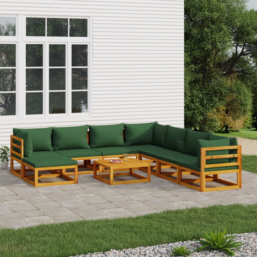 9-Delige Loungeset Met Groene Kussens Massief Hout 1 3x hoek + 4x midden + voetensteun + Tafel