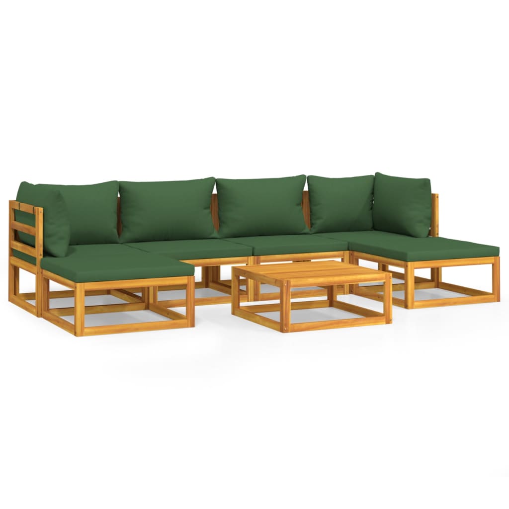 7-Delige Loungeset Met Groene Kussens Massief Hout 1 2x hoek + 2x midden + 2x voetensteun + Tafel