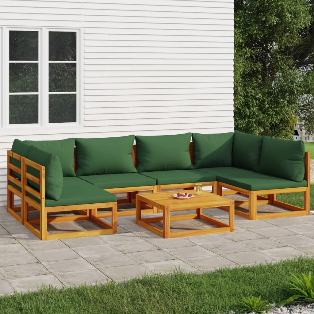 7-Delige Loungeset Met Groene Kussens Massief Hout 1 2x hoek + 4x midden + Tafel