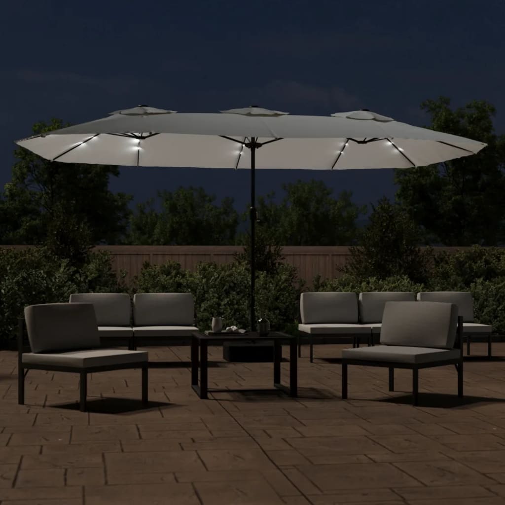 Parasol dubbel dak met LED 449x245 cm zandwit