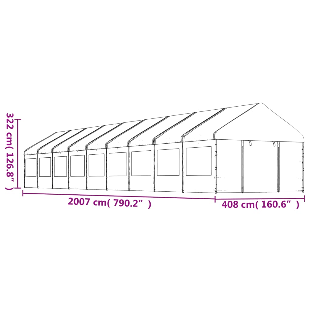 Prieel Met Dak 20,07X4,08X3,22 M Polyetheen Wit 20.07 x 4.08 x 3.22 m