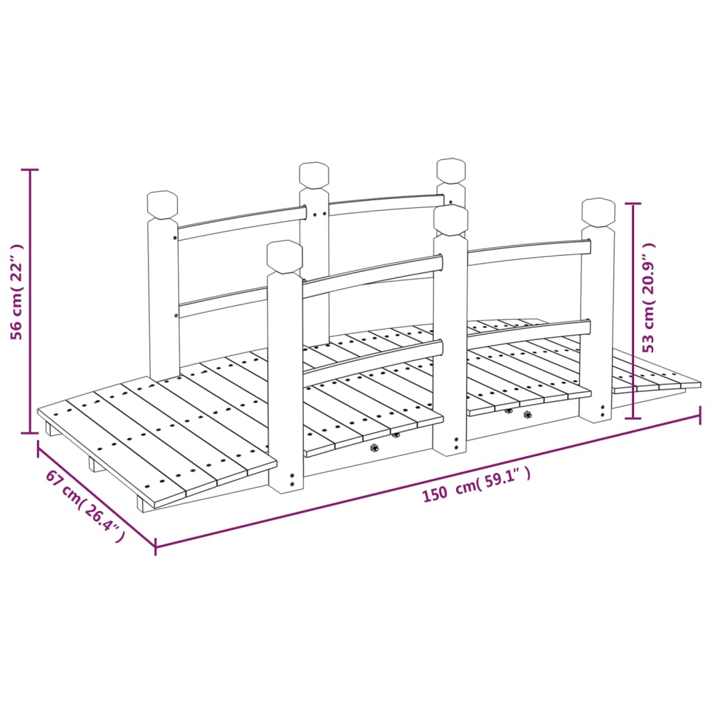 Tuinbrug met leuningen 150x67x56 cm massief vurenhout