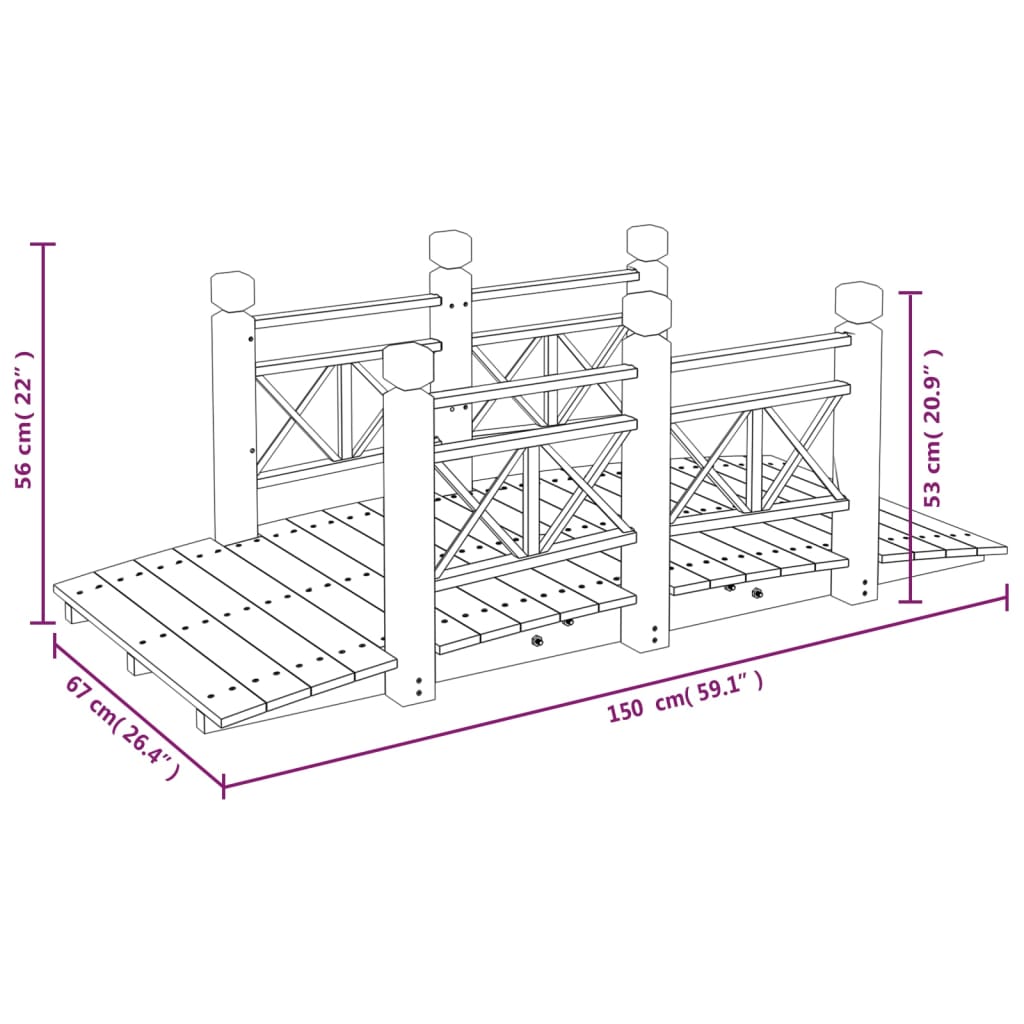 Tuinbrug met leuningen 150x67x56 cm massief vurenhout