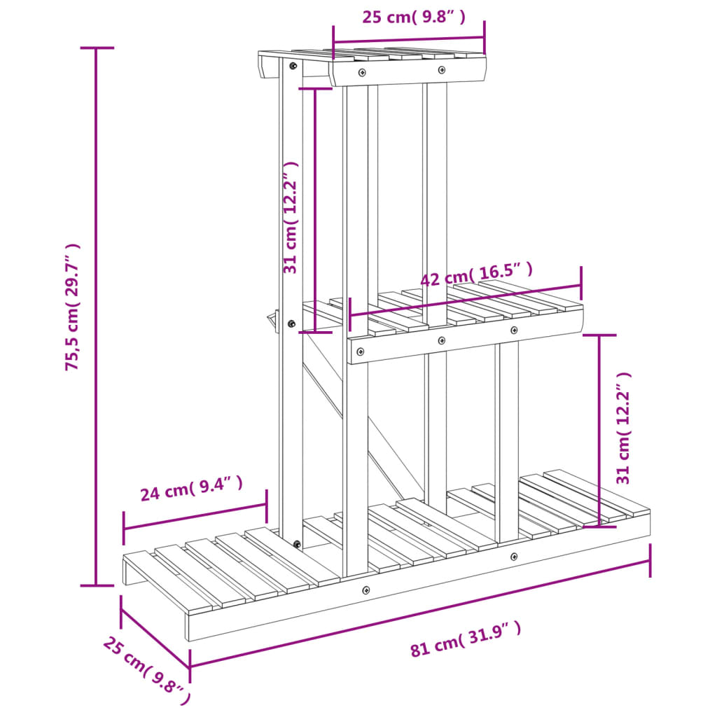 Plantenstandaard 81X25X75,5 Cm Massief Vurenhout 81 x 25 x 75.5 cm Bruin zonder wielen